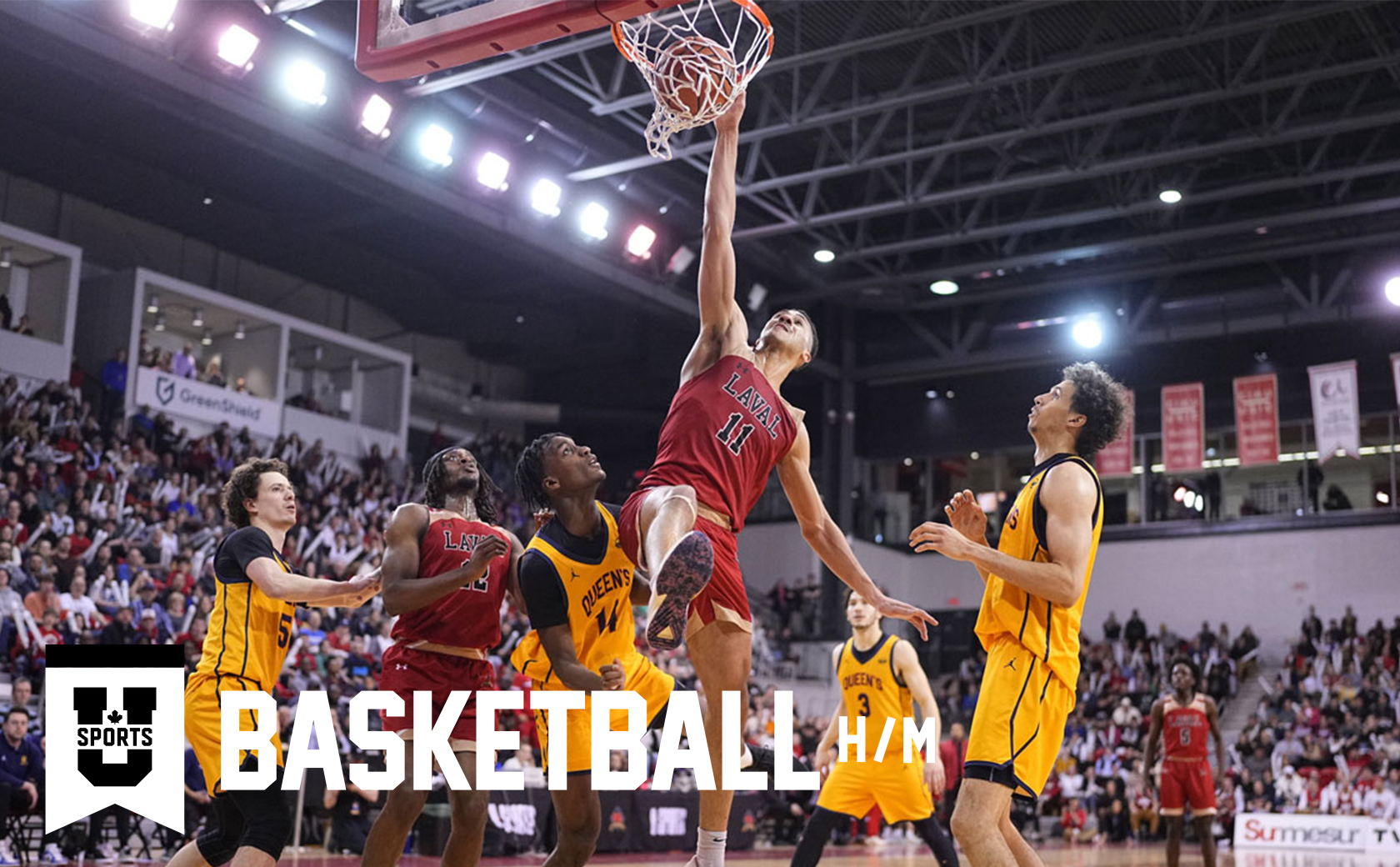 Click here for 2025 U SPORTS Final 8 basketball tickets in Vancouver, BCA Laval University player dunks a ball over three Queen's University defenders and the capacity crowd explodes with excited during in the gold medal final of the 2024 Greenshield Canada U SPORTS men's basketball Final 8 in Quebec City.